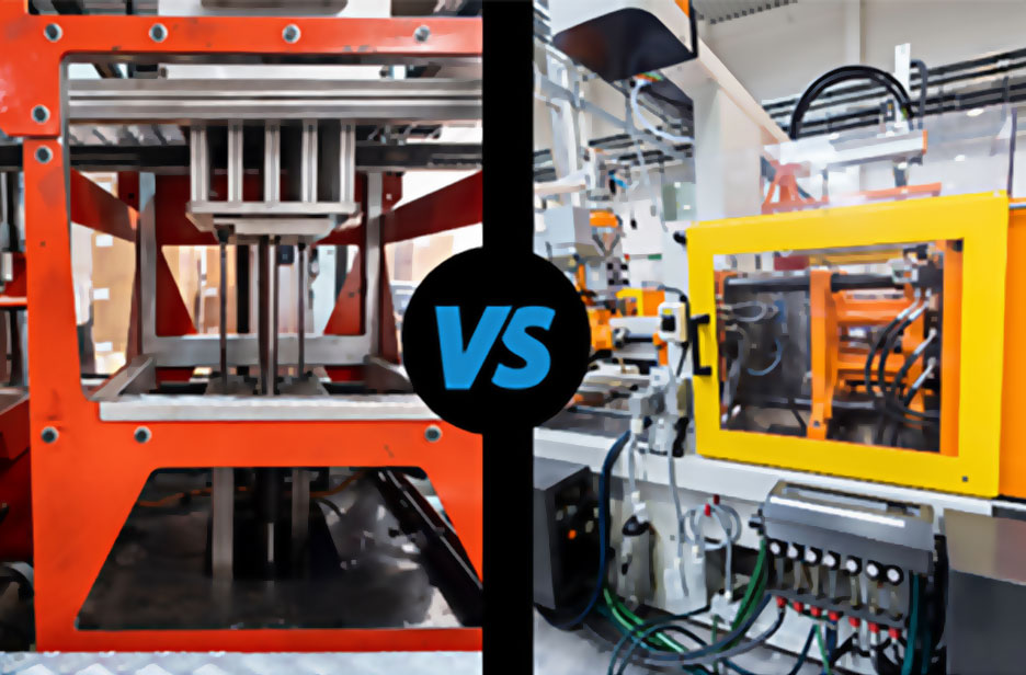 Thermoforming machine separated from an injection molding machine by a “versus” symbol.